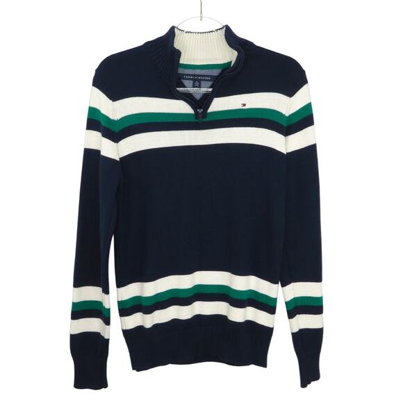 Vintage Tommy Hilfiger Women's Navy & Green Knit Striped Quarter Zip Sweater XL - Picture 1 of 7
